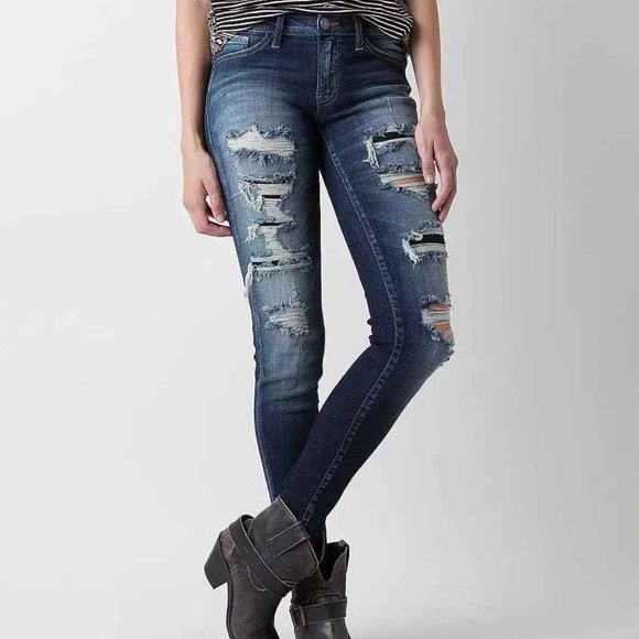 KanCan Jeans Womens 27 Mid Rise Destructed Skinny Distressed Stretch Denim Fray - Picture 2 of 14